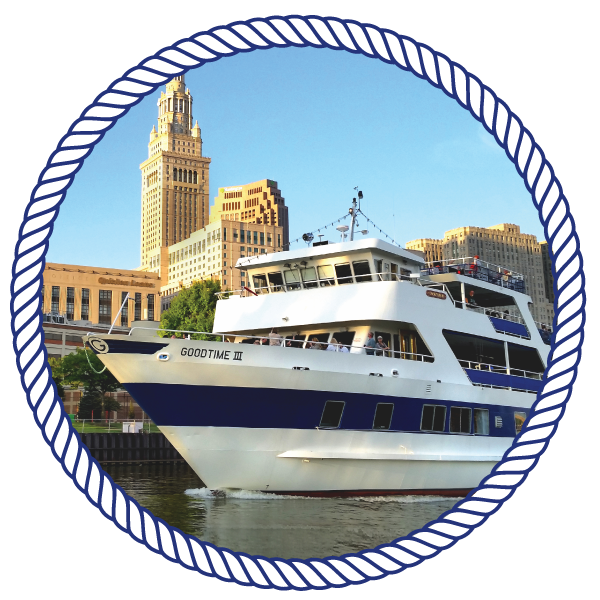 goodtimeiii boat, cruising down the river, with the city in the background